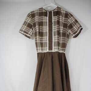 1960s Dress Vintage Brown White checkered plaid Ric Rac Hand made Size Small